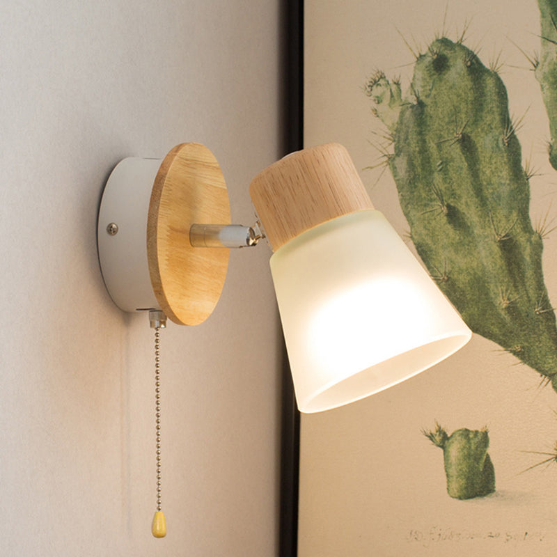 Applique murale 1 lumière en bois massif et fer avec abat-jour en verre de forme ronde nordique contemporaine pour chambre 