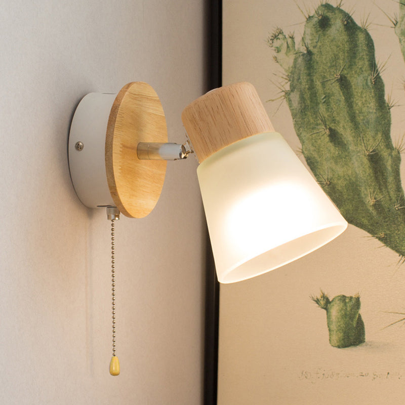 Applique murale 1 lumière en bois massif et fer avec abat-jour en verre de forme ronde nordique contemporaine pour chambre 