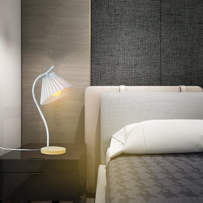Modern Minimalist Long Pole Round Pleated Fabric Iron Solid Wood Base 1-Light Table Lamp For Bedroom