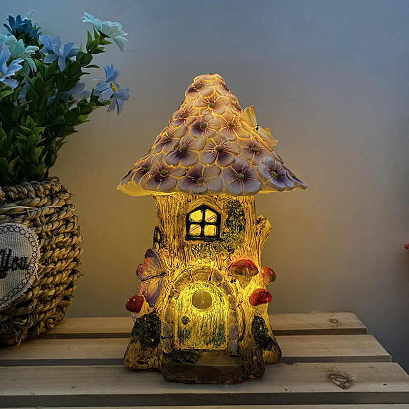 Moderne Art Deco Solar Wasserdichte Pilz Haus Form Harz LED Außenleuchte Für Garten 