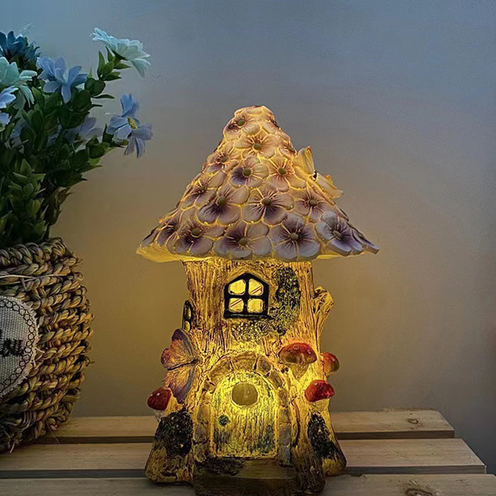 Moderne Art Deco Solar Wasserdichte Pilz Haus Form Harz LED Außenleuchte Für Garten 