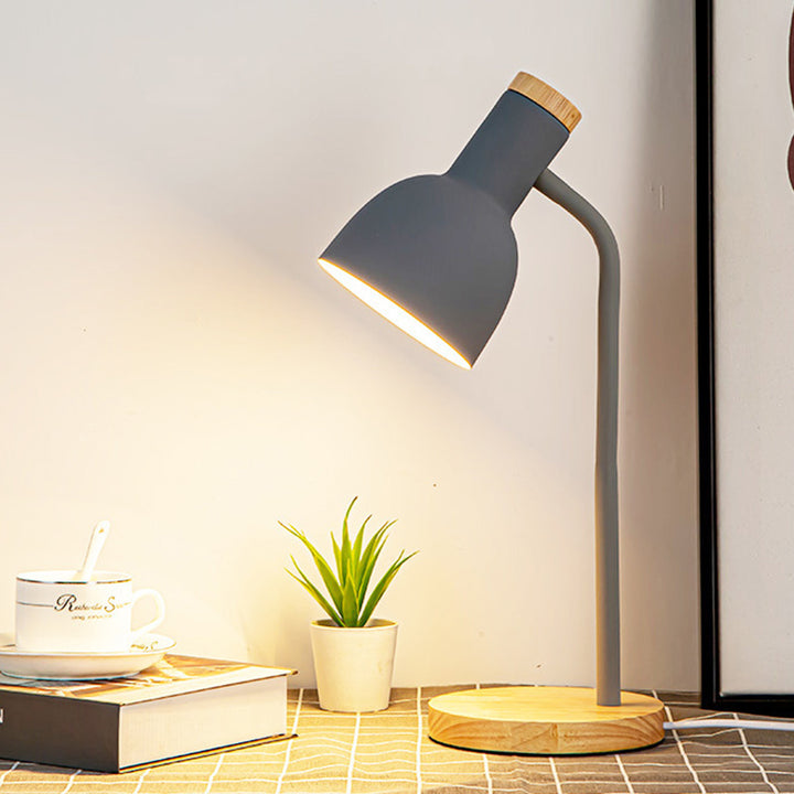 Lampe de table 1 lumière pour chambre à coucher avec abat-jour en fer de forme ronde minimaliste moderne et base en bois 