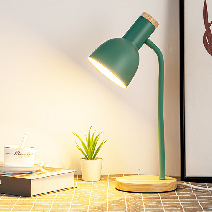 Lampe de table 1 lumière pour chambre à coucher avec abat-jour en fer de forme ronde minimaliste moderne et base en bois 