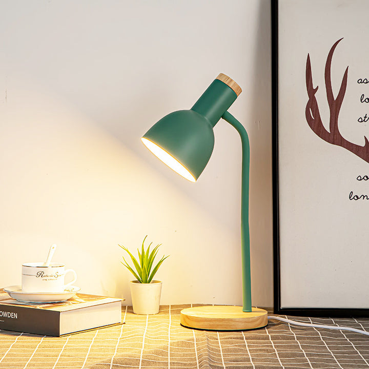 Lampe de table 1 lumière pour chambre à coucher avec abat-jour en fer de forme ronde minimaliste moderne et base en bois 