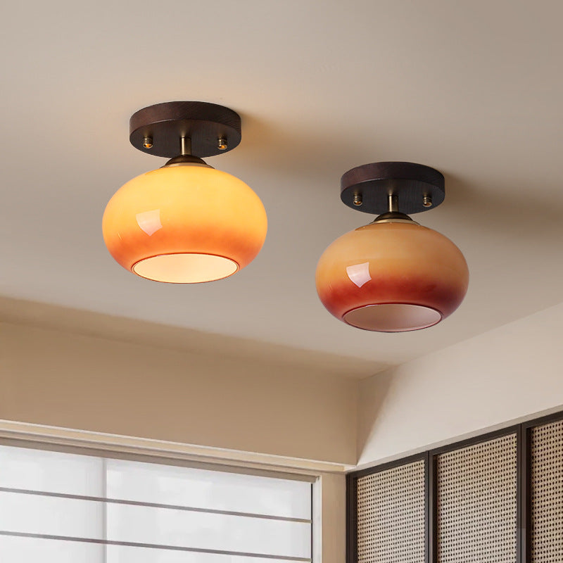 Plafonnier semi-encastré contemporain rétro rond ovale en verre avec base en bois à 1 lumière pour salon 