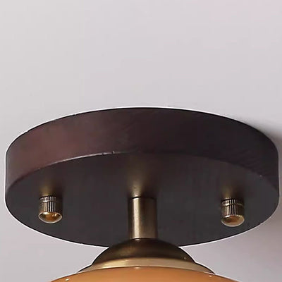 Plafonnier semi-encastré contemporain rétro rond ovale en verre avec base en bois à 1 lumière pour salon 