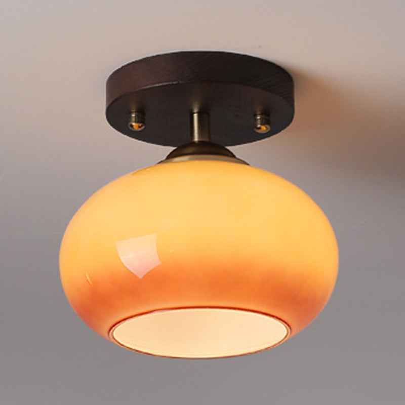Plafonnier semi-encastré contemporain rétro rond ovale en verre avec base en bois à 1 lumière pour salon 