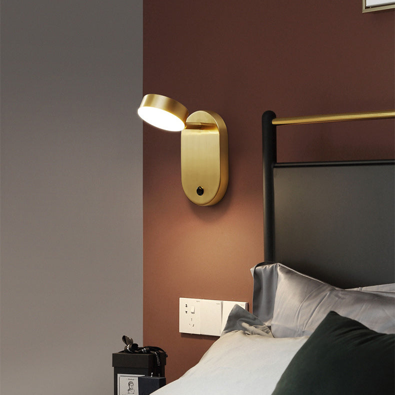 Applique murale LED ovale cylindrique rotative nordique contemporaine en cuivre pour chambre à coucher 