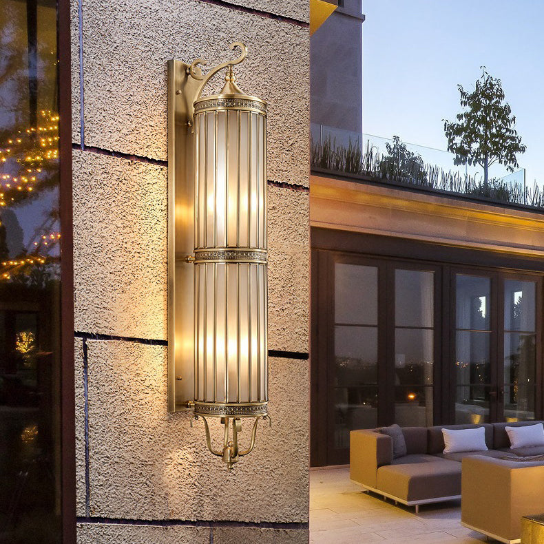 Applique Murale Moderne de Luxe Étanche Ligne Cylindre Cadre en Cuivre Abat-jour en Verre 1/3/6 Lumière pour Jardin 