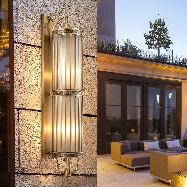 Applique Murale Moderne de Luxe Étanche Ligne Cylindre Cadre en Cuivre Abat-jour en Verre 1/3/6 Lumière pour Jardin 