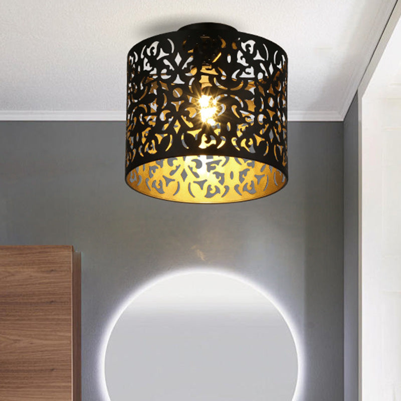 Moderne minimalistische runde Zylinder hohl geschnitzte Eisen 1-Licht Semi-Flush Mount Deckenleuchte für Wohnzimmer 