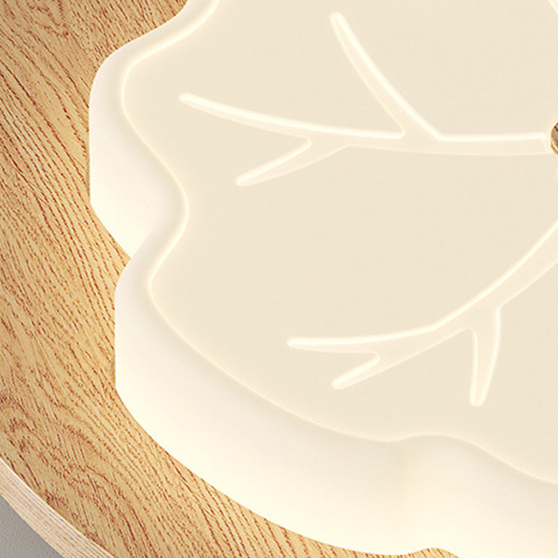 Luz de techo LED montada al ras con base de madera de caucho de hoja de loto creativa contemporánea y pantalla de PE para dormitorio 
