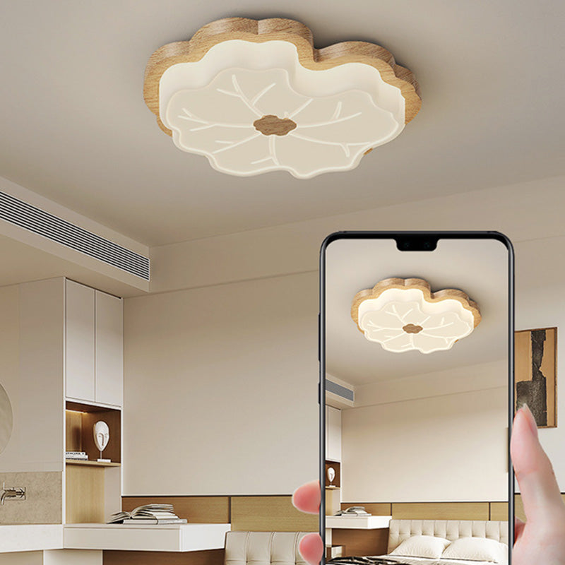 Luz de techo LED montada al ras con base de madera de caucho de hoja de loto creativa contemporánea y pantalla de PE para dormitorio 