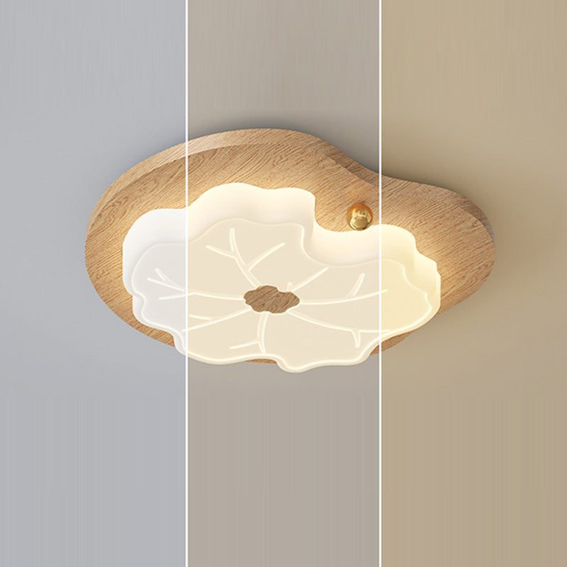 Luz de techo LED montada al ras con base de madera de caucho de hoja de loto creativa contemporánea y pantalla de PE para dormitorio 