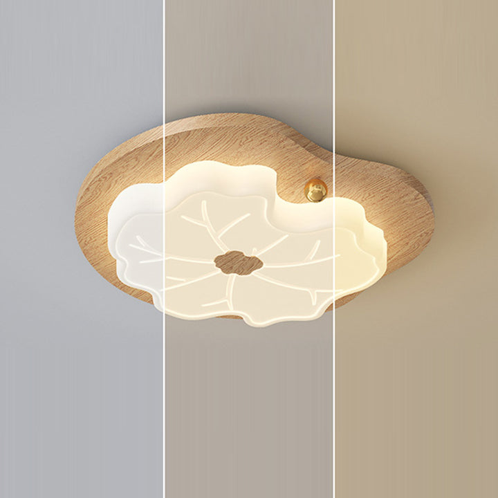 Luz de techo LED montada al ras con base de madera de caucho de hoja de loto creativa contemporánea y pantalla de PE para dormitorio 