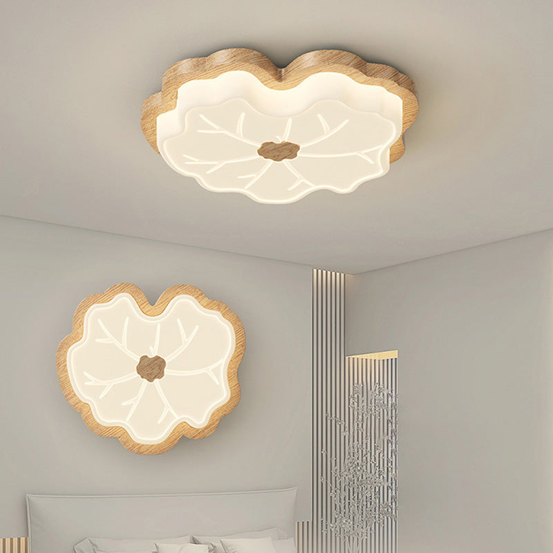 Luz de techo LED montada al ras con base de madera de caucho de hoja de loto creativa contemporánea y pantalla de PE para dormitorio 
