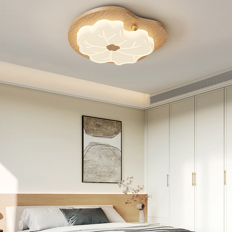 Luz de techo LED montada al ras con base de madera de caucho de hoja de loto creativa contemporánea y pantalla de PE para dormitorio 