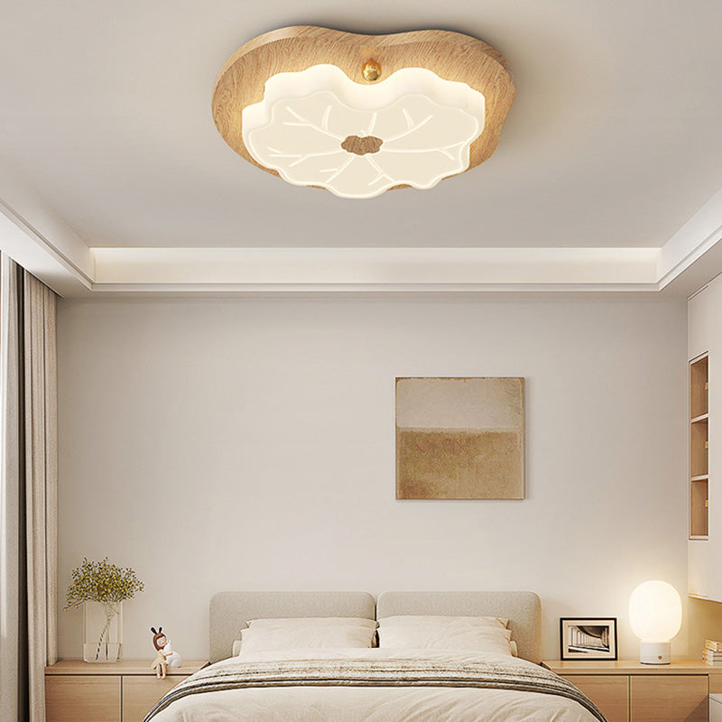 Luz de techo LED montada al ras con base de madera de caucho de hoja de loto creativa contemporánea y pantalla de PE para dormitorio 