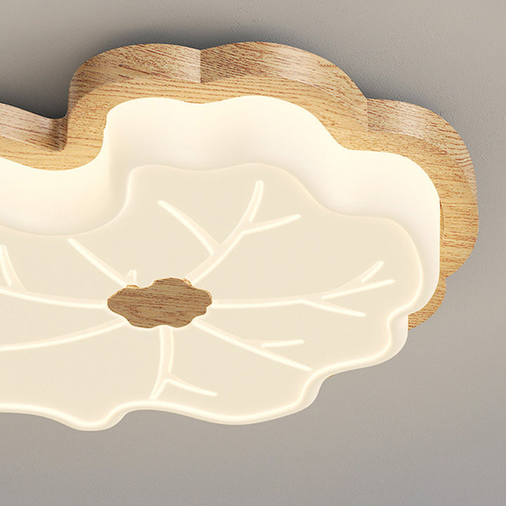 Luz de techo LED montada al ras con base de madera de caucho de hoja de loto creativa contemporánea y pantalla de PE para dormitorio 