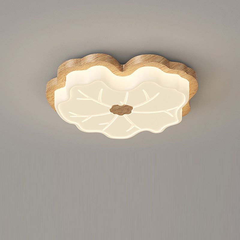 Luz de techo LED montada al ras con base de madera de caucho de hoja de loto creativa contemporánea y pantalla de PE para dormitorio 