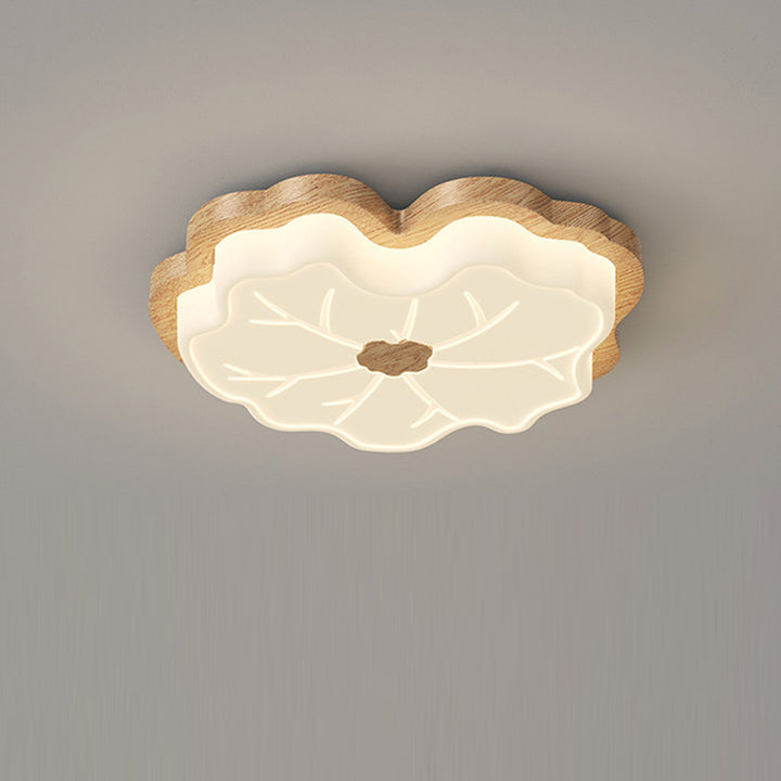 Luz de techo LED montada al ras con base de madera de caucho de hoja de loto creativa contemporánea y pantalla de PE para dormitorio 