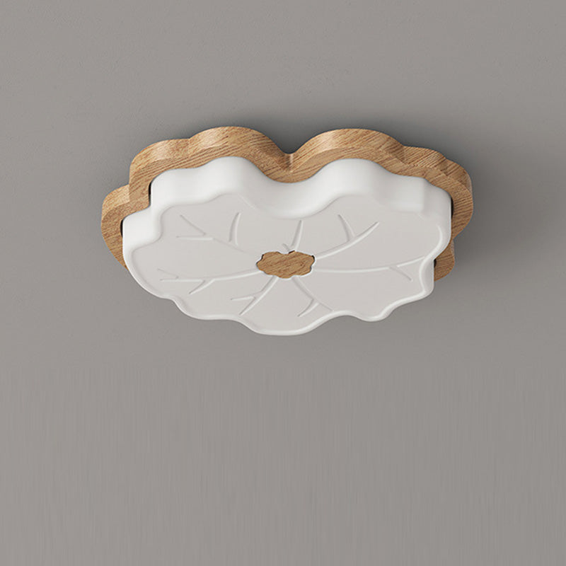 Luz de techo LED montada al ras con base de madera de caucho de hoja de loto creativa contemporánea y pantalla de PE para dormitorio 