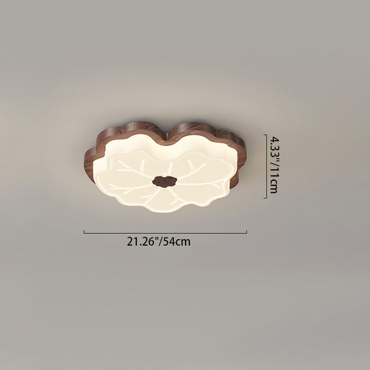 Luz de techo LED montada al ras con base de madera de caucho de hoja de loto creativa contemporánea y pantalla de PE para dormitorio 