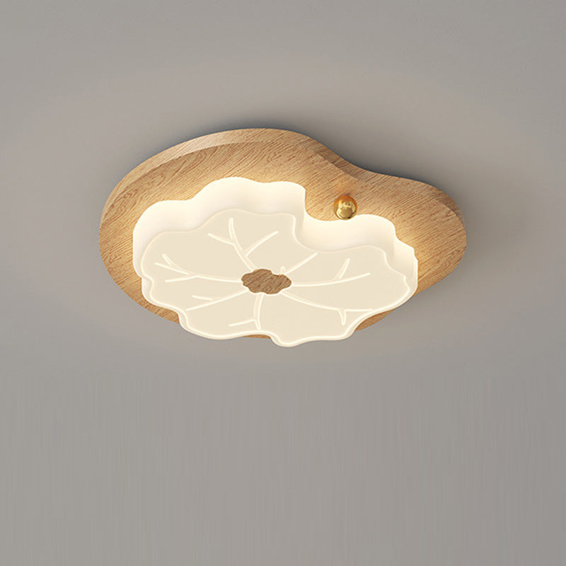 Luz de techo LED montada al ras con base de madera de caucho de hoja de loto creativa contemporánea y pantalla de PE para dormitorio 