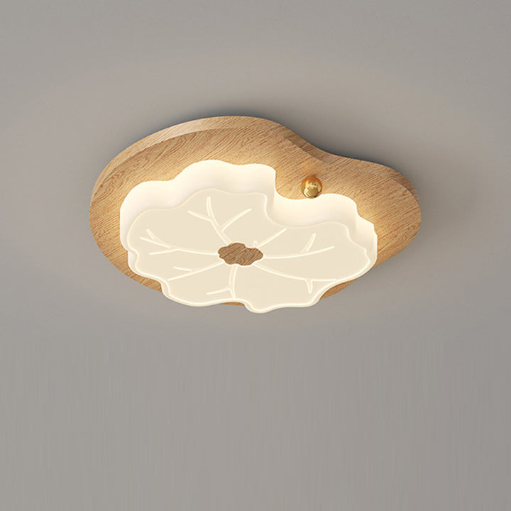 Luz de techo LED montada al ras con base de madera de caucho de hoja de loto creativa contemporánea y pantalla de PE para dormitorio 