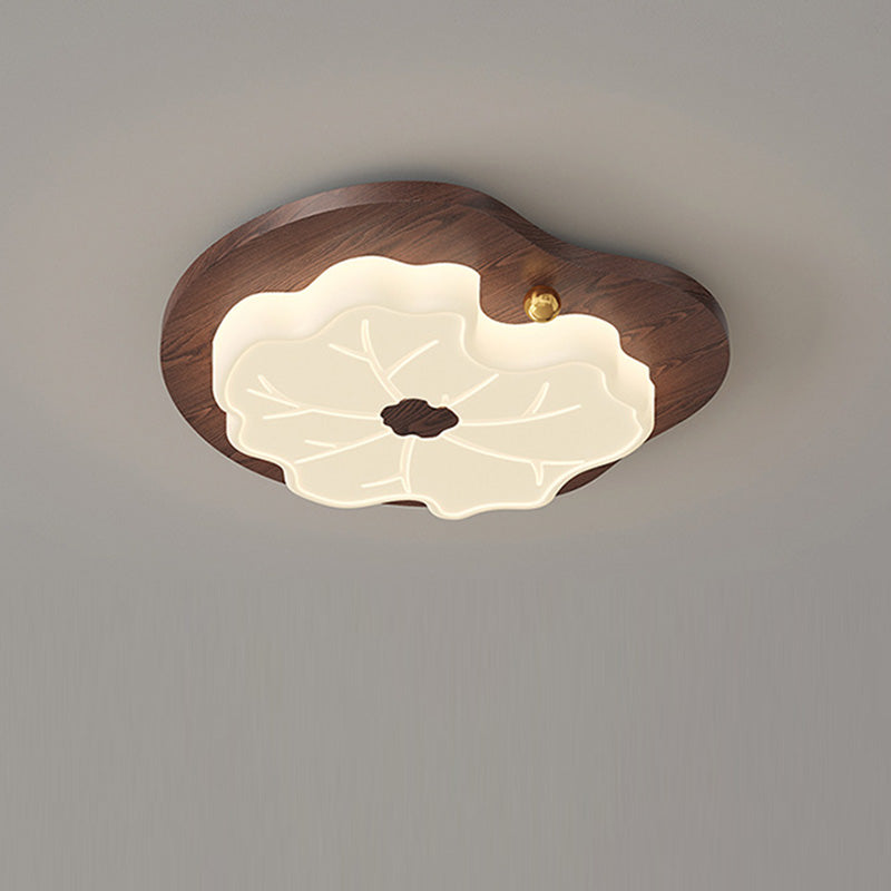 Luz de techo LED montada al ras con base de madera de caucho de hoja de loto creativa contemporánea y pantalla de PE para dormitorio 