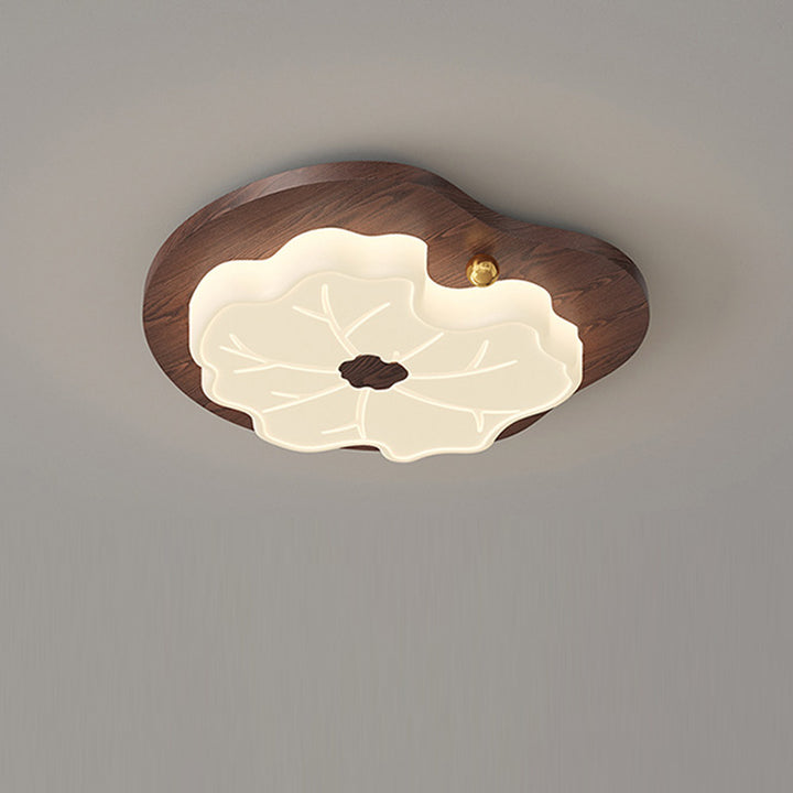 Luz de techo LED montada al ras con base de madera de caucho de hoja de loto creativa contemporánea y pantalla de PE para dormitorio 