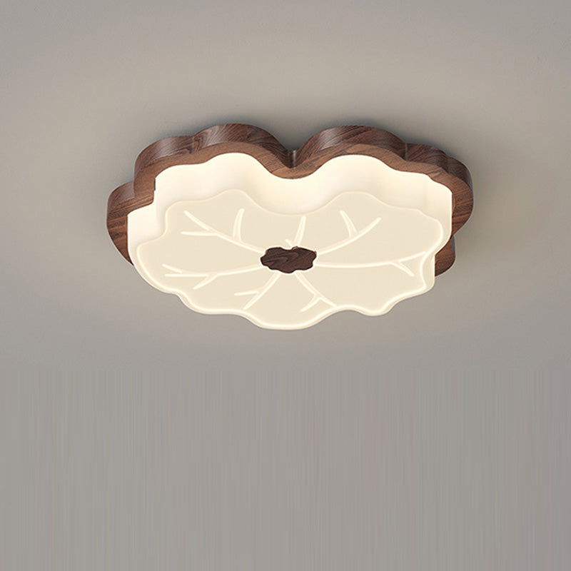 Luz de techo LED montada al ras con base de madera de caucho de hoja de loto creativa contemporánea y pantalla de PE para dormitorio 