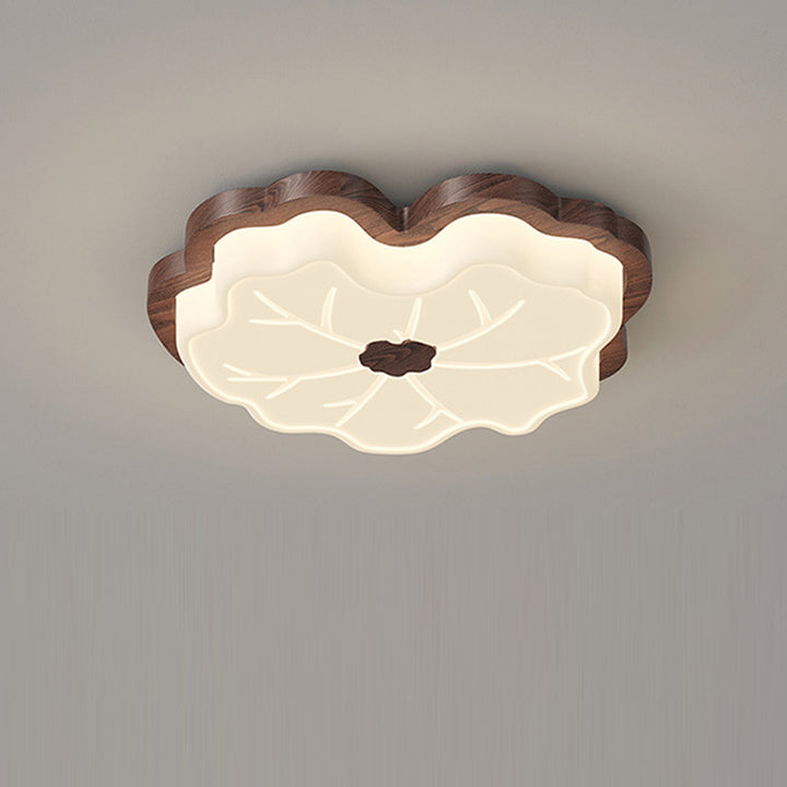 Luz de techo LED montada al ras con base de madera de caucho de hoja de loto creativa contemporánea y pantalla de PE para dormitorio 