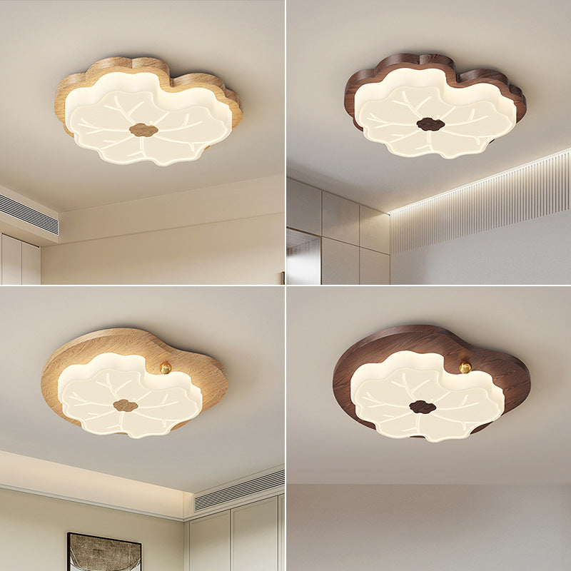 Luz de techo LED montada al ras con base de madera de caucho de hoja de loto creativa contemporánea y pantalla de PE para dormitorio 