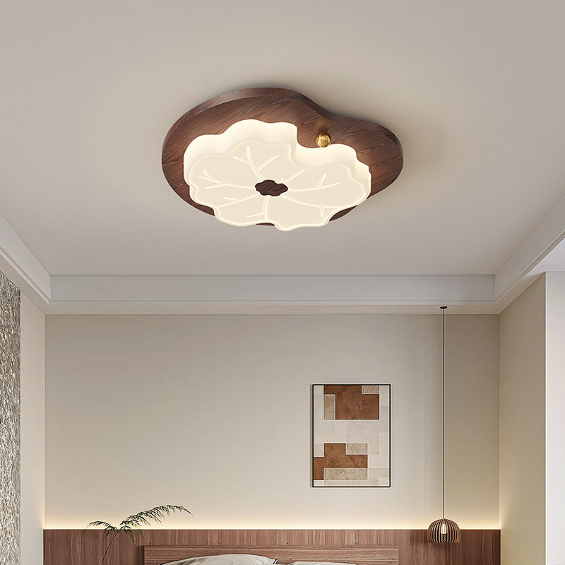 Luz de techo LED montada al ras con base de madera de caucho de hoja de loto creativa contemporánea y pantalla de PE para dormitorio 