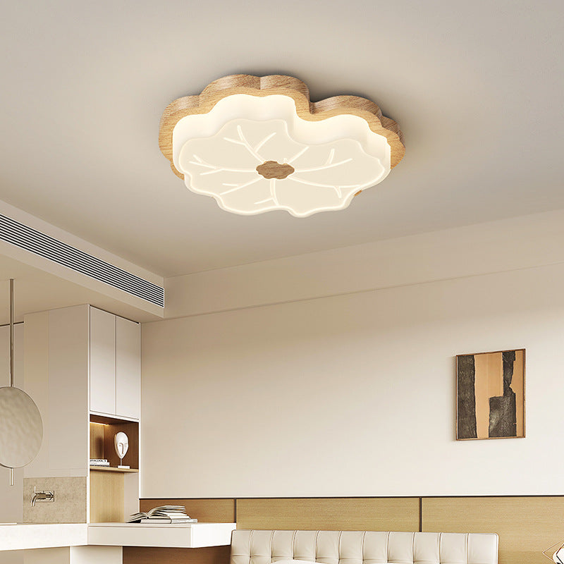 Luz de techo LED montada al ras con base de madera de caucho de hoja de loto creativa contemporánea y pantalla de PE para dormitorio 
