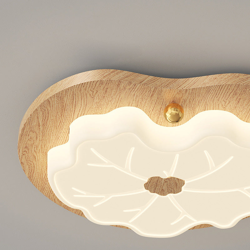 Luz de techo LED montada al ras con base de madera de caucho de hoja de loto creativa contemporánea y pantalla de PE para dormitorio 