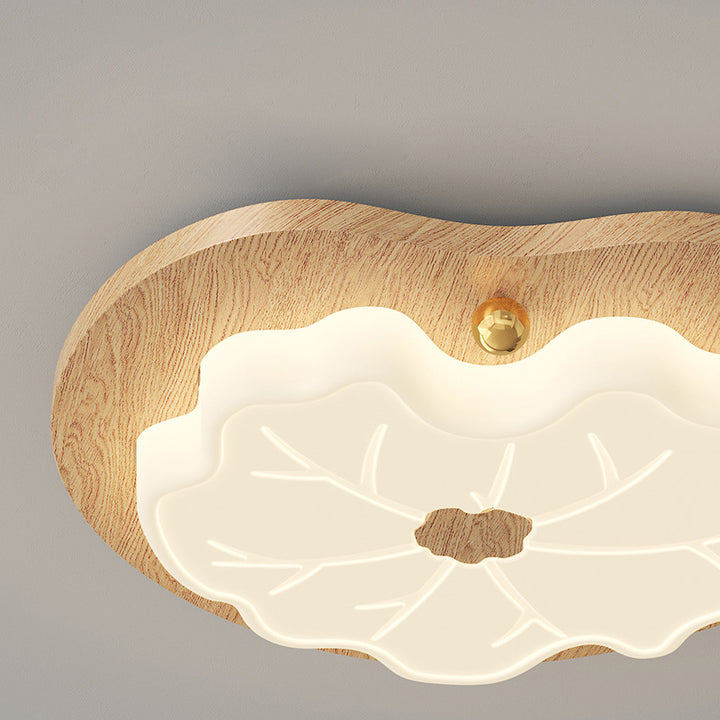 Luz de techo LED montada al ras con base de madera de caucho de hoja de loto creativa contemporánea y pantalla de PE para dormitorio 