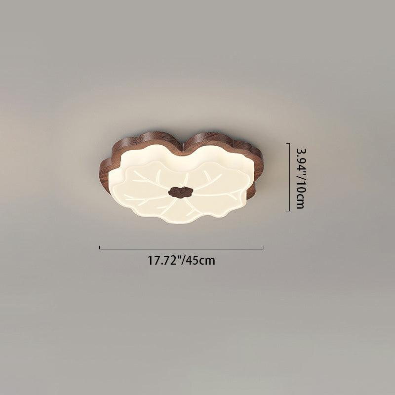 Luz de techo LED montada al ras con base de madera de caucho de hoja de loto creativa contemporánea y pantalla de PE para dormitorio 