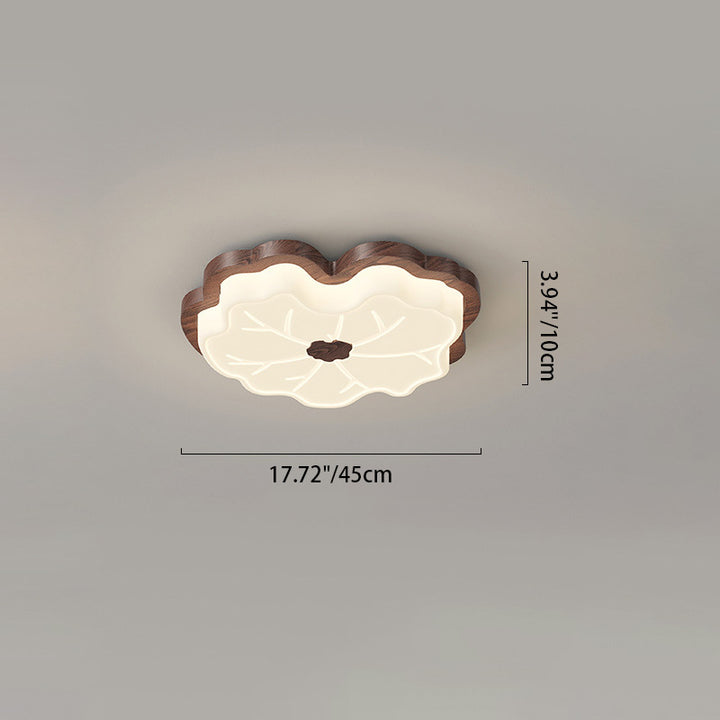 Contemporary Creative Lotus Leaf Rubberwood Base PE Shade LED Flush Mount Ceiling Light For Bedroom