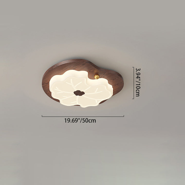 Luz de techo LED montada al ras con base de madera de caucho de hoja de loto creativa contemporánea y pantalla de PE para dormitorio 