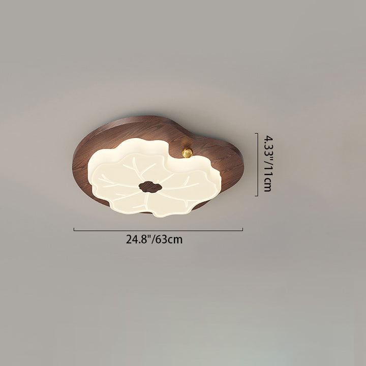 Luz de techo LED montada al ras con base de madera de caucho de hoja de loto creativa contemporánea y pantalla de PE para dormitorio 