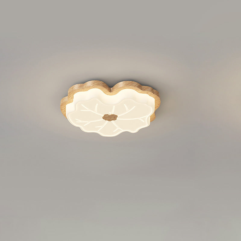 Luz de techo LED montada al ras con base de madera de caucho de hoja de loto creativa contemporánea y pantalla de PE para dormitorio 