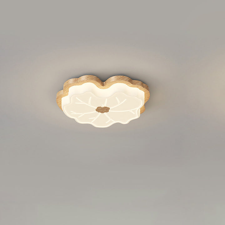 Luz de techo LED montada al ras con base de madera de caucho de hoja de loto creativa contemporánea y pantalla de PE para dormitorio 