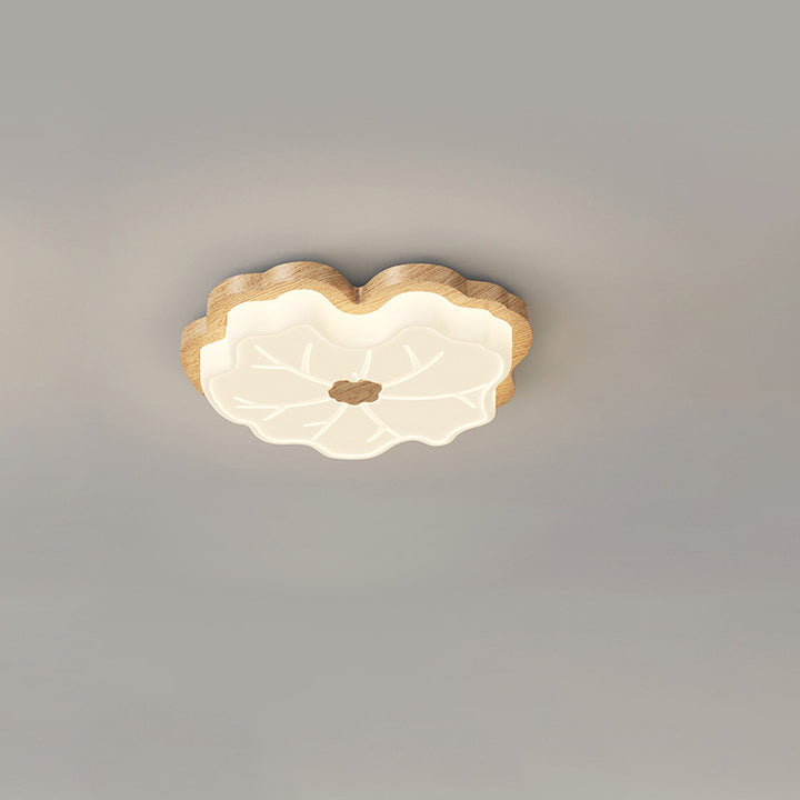 Luz de techo LED montada al ras con base de madera de caucho de hoja de loto creativa contemporánea y pantalla de PE para dormitorio 