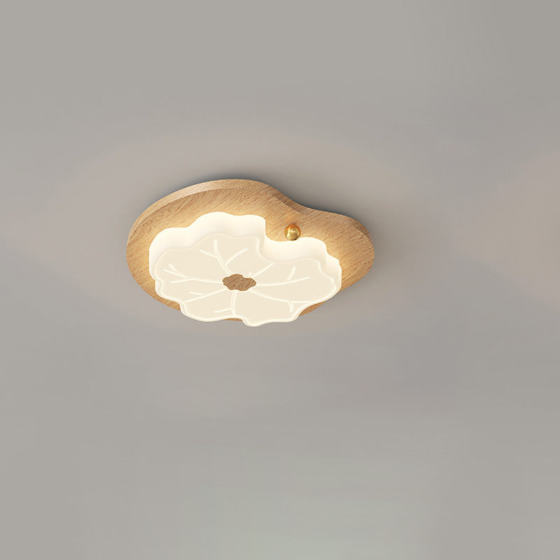 Luz de techo LED montada al ras con base de madera de caucho de hoja de loto creativa contemporánea y pantalla de PE para dormitorio 