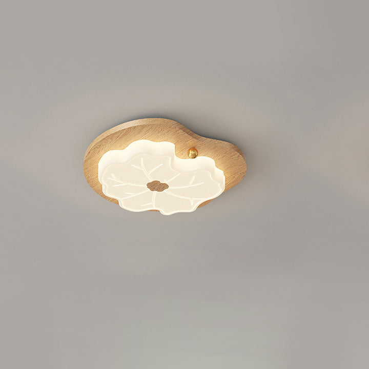 Luz de techo LED montada al ras con base de madera de caucho de hoja de loto creativa contemporánea y pantalla de PE para dormitorio 