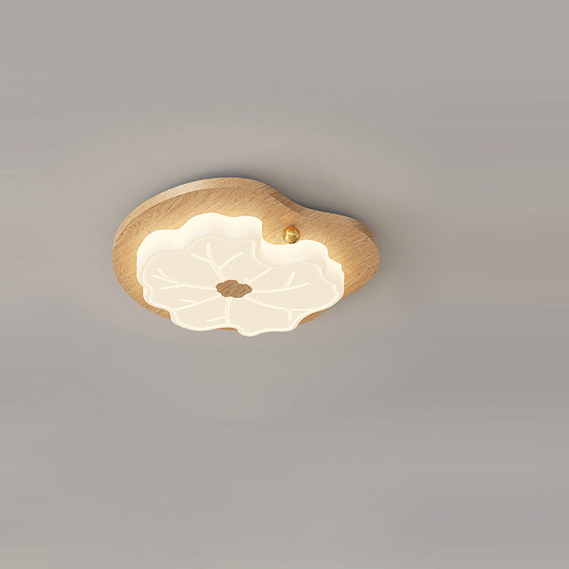 Luz de techo LED montada al ras con base de madera de caucho de hoja de loto creativa contemporánea y pantalla de PE para dormitorio 