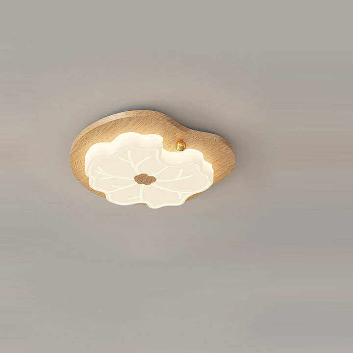Luz de techo LED montada al ras con base de madera de caucho de hoja de loto creativa contemporánea y pantalla de PE para dormitorio 