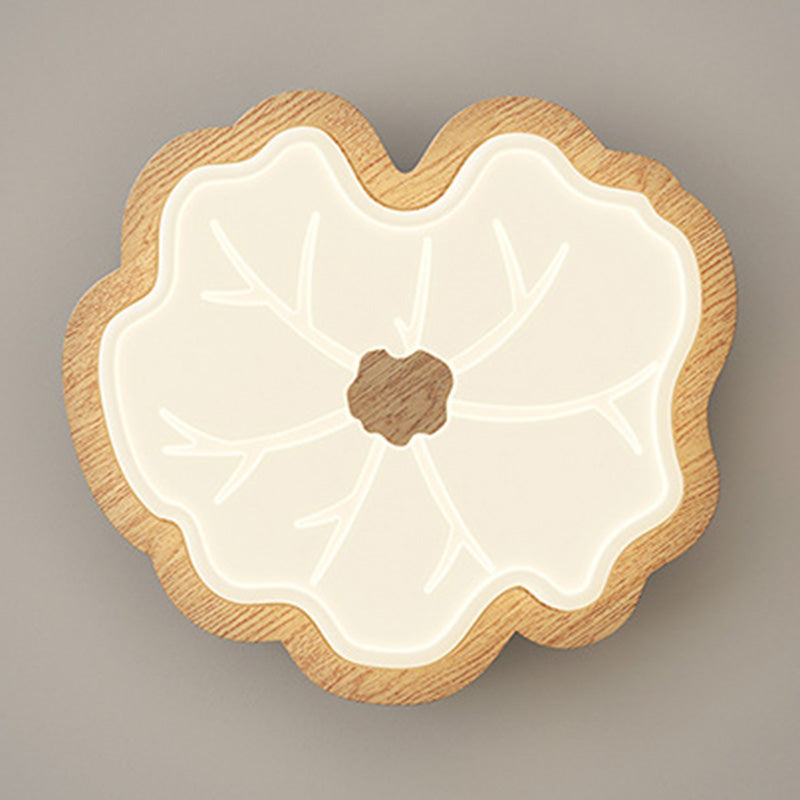 Luz de techo LED montada al ras con base de madera de caucho de hoja de loto creativa contemporánea y pantalla de PE para dormitorio 
